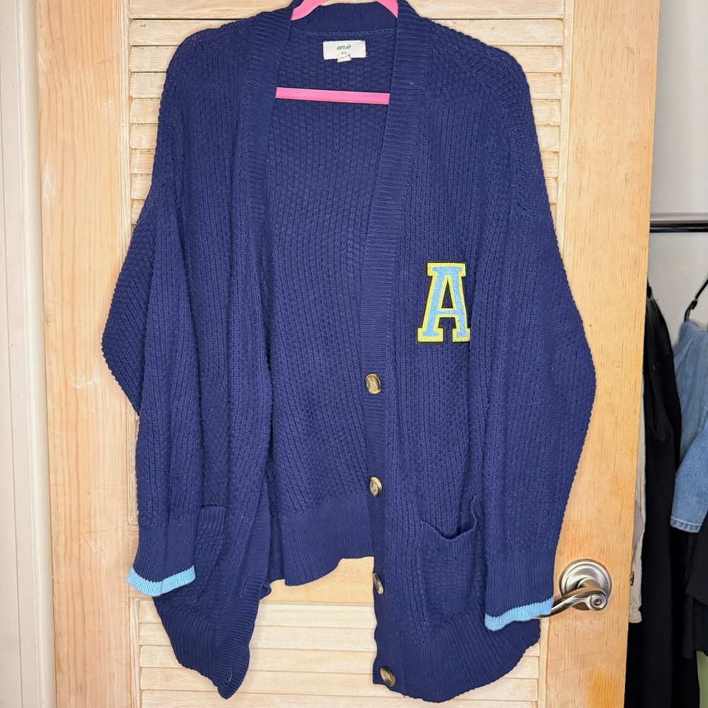 019 Aerie Oversized Navy Blue Cardigan Sweater with Letter Patch- Size M